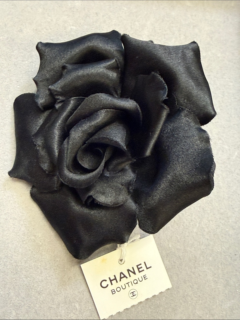 CHANEL Black Satin Rose Camellia Brooch